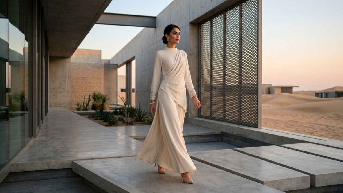 Modelo con vestido marfil caminando entre arquitectura contemporánea frente al desierto